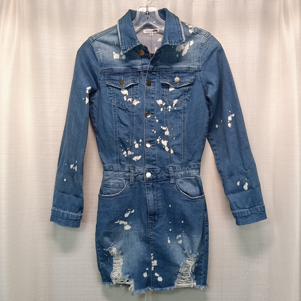 Fashion Nova Do Some‎ Damage Denim Mini Dress Medium Wash Distressed Splatter XS